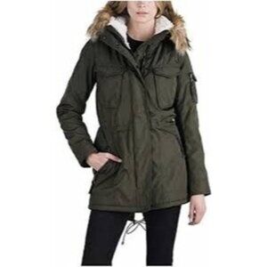 S13 New York Womens Black Winter Anorak Parka Coat Hood Sherpa Lined Zip M 8933